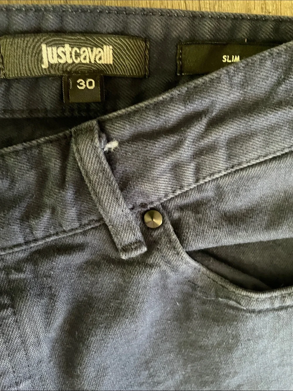 Just Cavalli 2013 men’s navy blue slim jeans with backplate logo